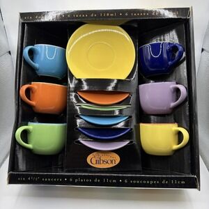 set of 6 colorful cups and saucers NEW By I. Godfinger mini 3" Cups 5" Saucers